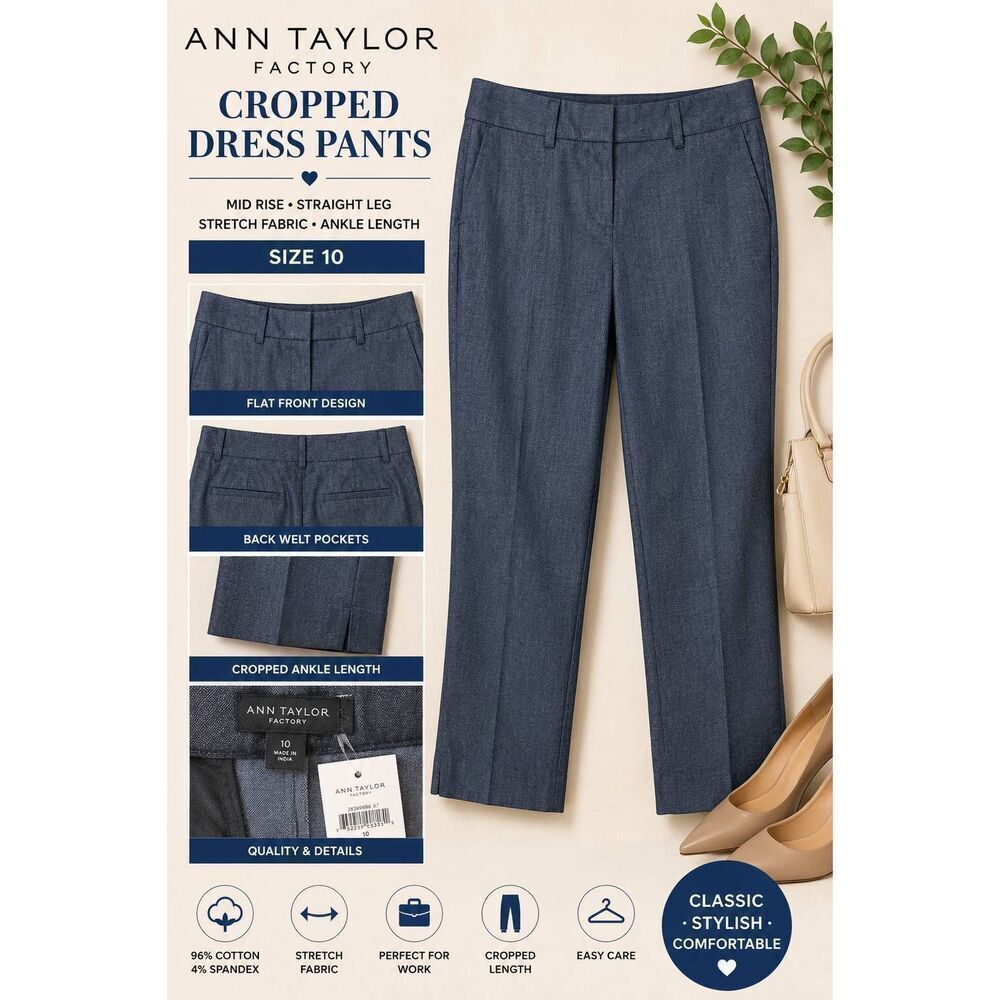 Ann Taylor Factory Cropped Dress Pants Womens 10 Blue Stretch Career Ankle
